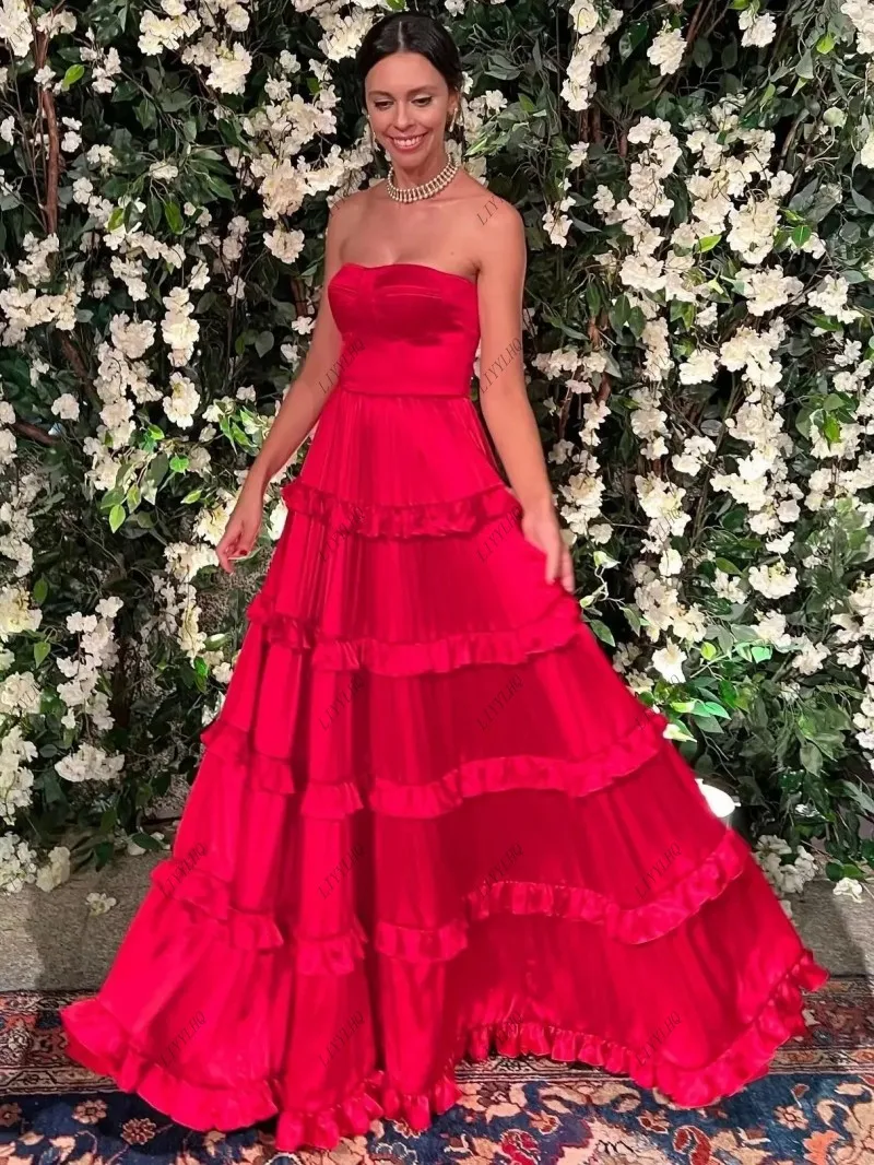 LIYYLHQ 2024 Red A Line Silk Satin Prom Dresses Strapless Pleated Floor Length Women Evening Gown Occassion Formal Party Dress