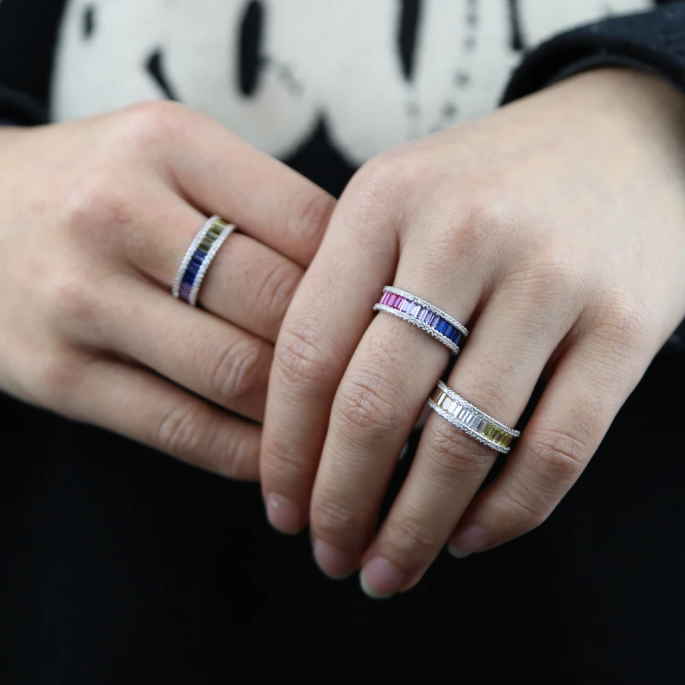 Wholesale Women Band Ring With Silver Color Multi Color Zirconia Wedding Rainbow Cz Ring Paved Colorful Full Cz Stacking Rings
