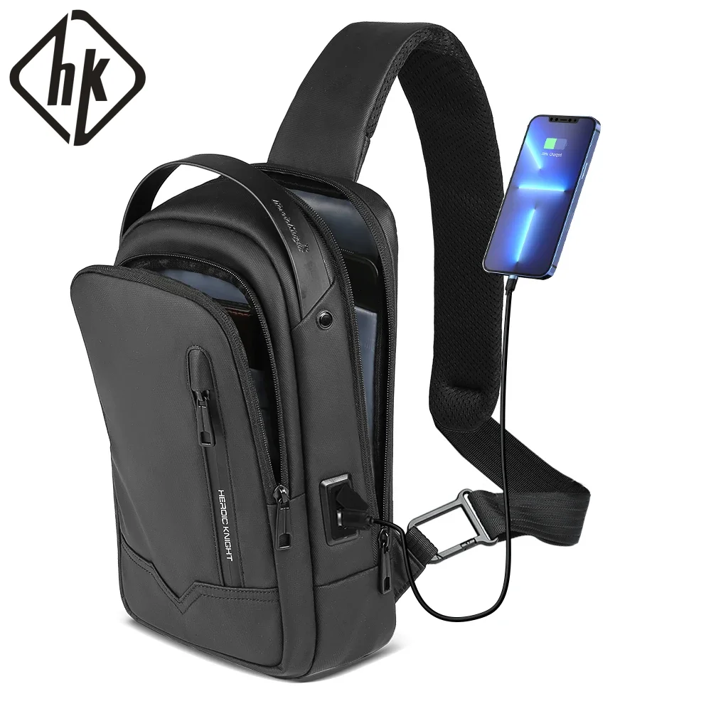 

HK Waterproof Men's Shoulder Bag Lightweight Crossbody Bag Oxford Casual Satchel with USB Port Commute Business Chest Bag Male