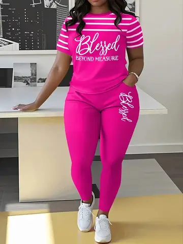 Women's Casual Short-Sleeved Pants Suit, Fashionable Striped Blessing Print, Plus Size Women's Two-Piece Set