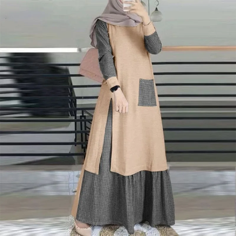 2024 Islam Abaya Dress Temperament Solid Color Pullover Long sleeved Robe Femme Muselmane Round Neck Large Swing Women\'s Dress