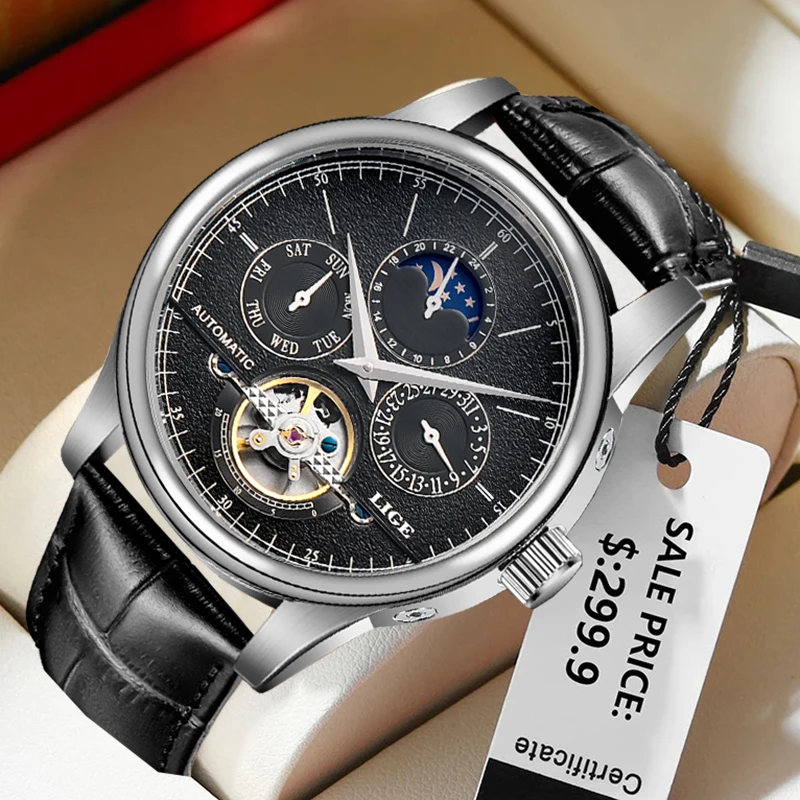 

LIGE простые роскошные механические мужские часы, деловые модные кожаные повседневные спортивные водонепроницаемые мужские часы с турбийоном и фазой Луны + коробка