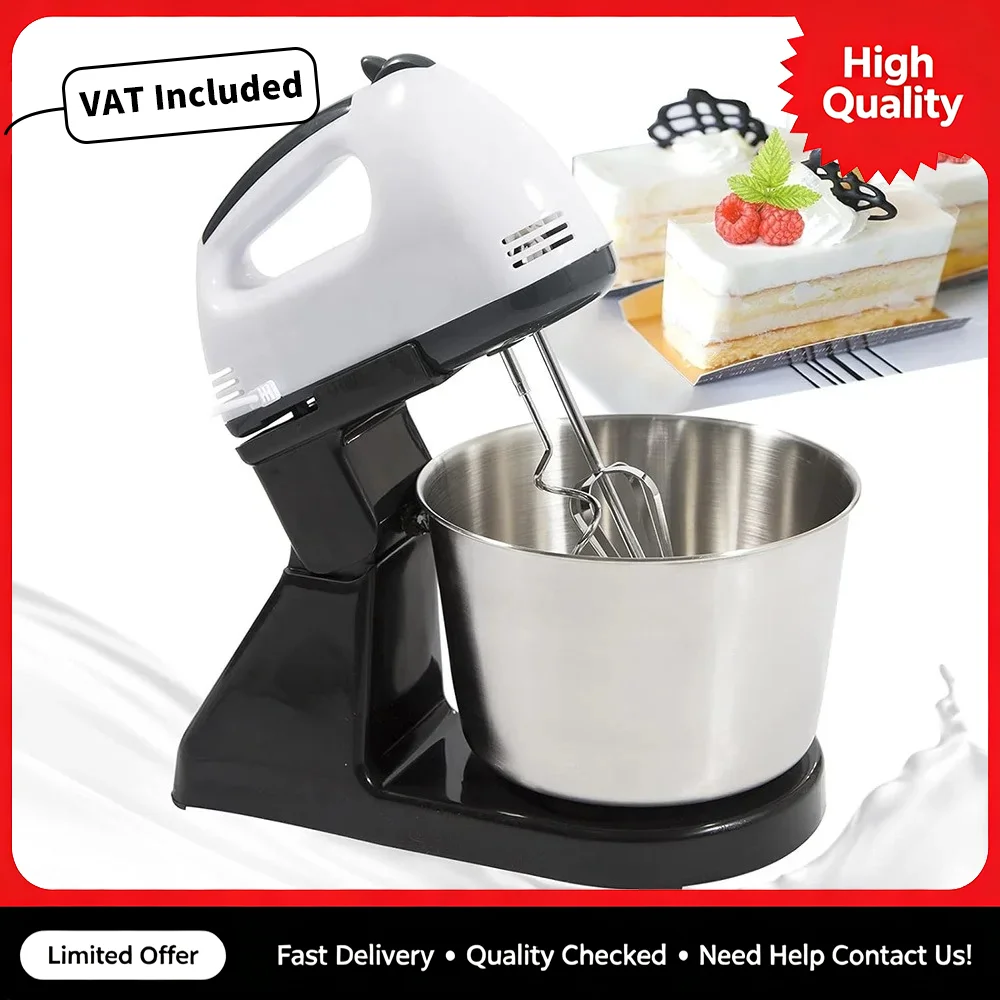 Automatischer elektrischer Handmixer mit Standfuß und Schüssel - Multifunktionaler Haushalts-Teigkneter und Eiermixer zum Backen, Schlagen und Kochen