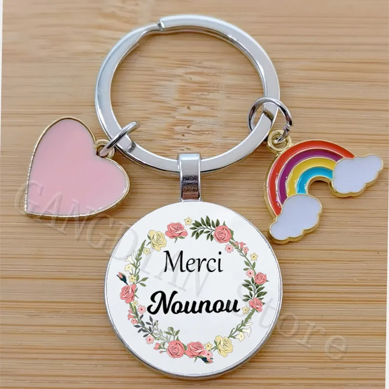 Merci Nounounou French Printed Keychain Glass Round Keychain Fashion Nounounou Best Gift