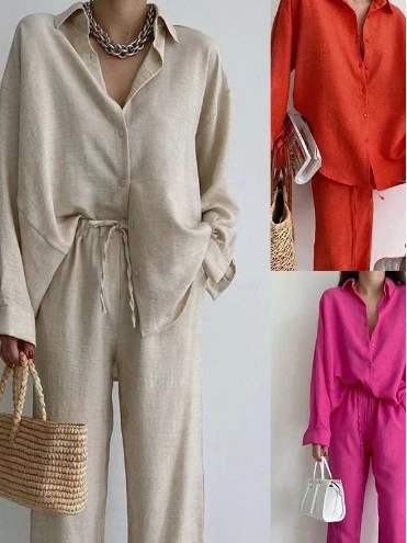 Womens Pants Set Spring Bright Silk Striped Print Single Breasted Long Sleeve Lapel Shirt Coat+Wide Leg Pants Outfits Home Suit