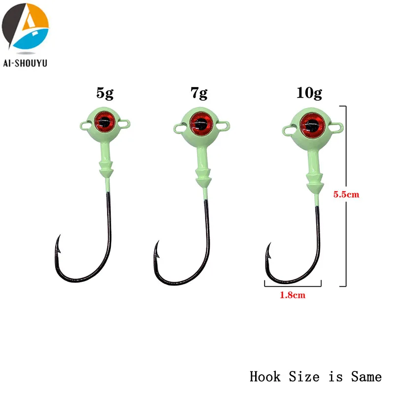 AI-SHOUYU New 5pcs Jig Lead Head Luminous Fishing Hook 5g/7g/10g Barbed Hook Hard Bait 3D Eyes Fishhook Trout Fishing Tackle