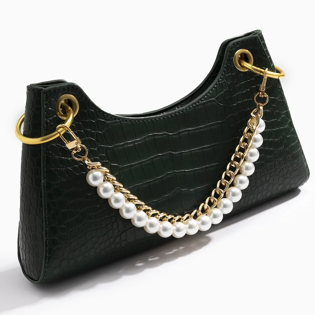 Fashion Trend Aluminum Chain Handbag Beaded Shoulder Chain Vintage Simple Pearl Alloy Buckle Bag Chain