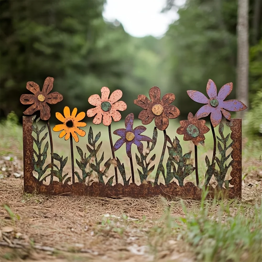 1Pc Rustic Metal Garden Stake with Colorful Floral Design,Weatherproof Outdoor Decor for Patio Fence Yard,Halloween Father's Day