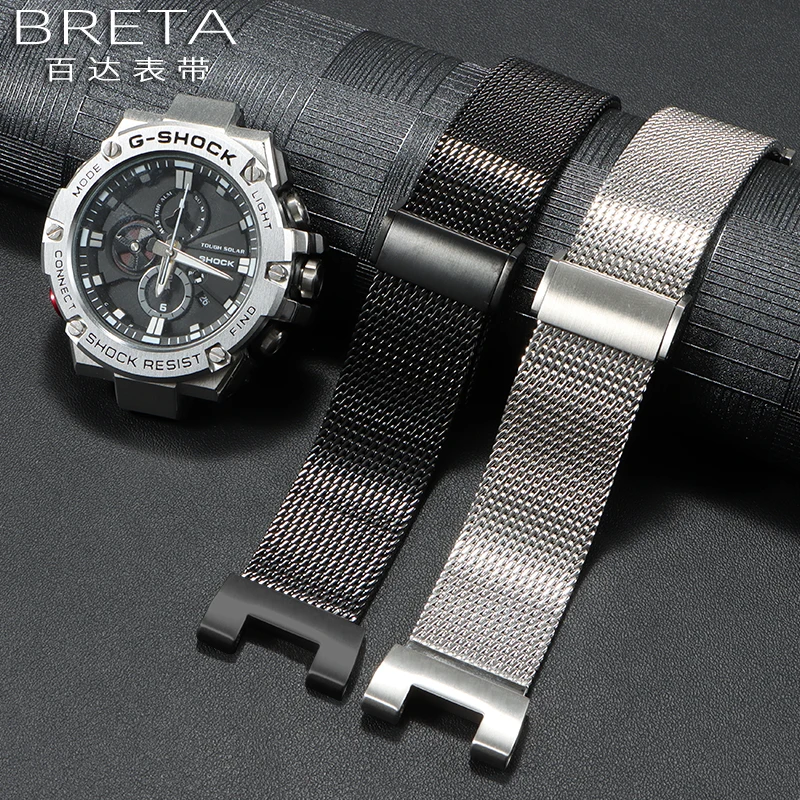 For Casio watchbands GST-B100/B200/410/W100/S110W300 Thickened Milan stainless steel bracelet Replace Wristbands with Adapter