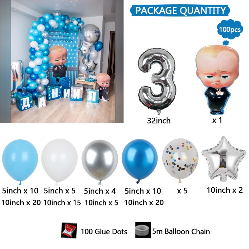 Set di palloncini per baby shower in lattice colorato digitale argento boss baby calvo da 100 pezzi, vacanze, compleanni, forniture per feste di matrimonio