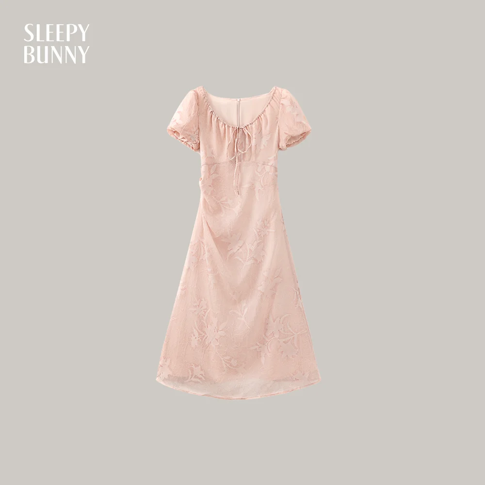 

Pink Floral Jacquard DressSummer High Waist A-Line Maxi Dress for Petite Women 2025 Square Neck Puff Sleeve Slim Fit Long Dress