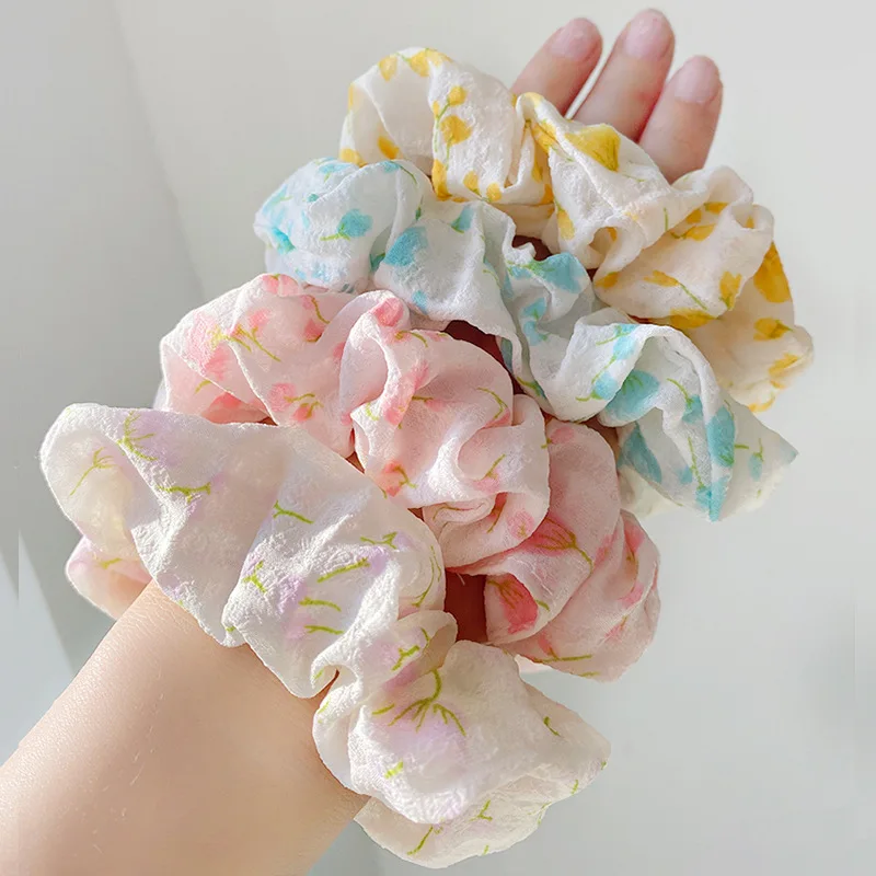 4pcs אופנה קוריאני הדפסת שיער פצפוצי מתוק פרח שיפון שיער אלסטי להקת נשים בנות קיץ חופשה שיער חבל ראש להקה