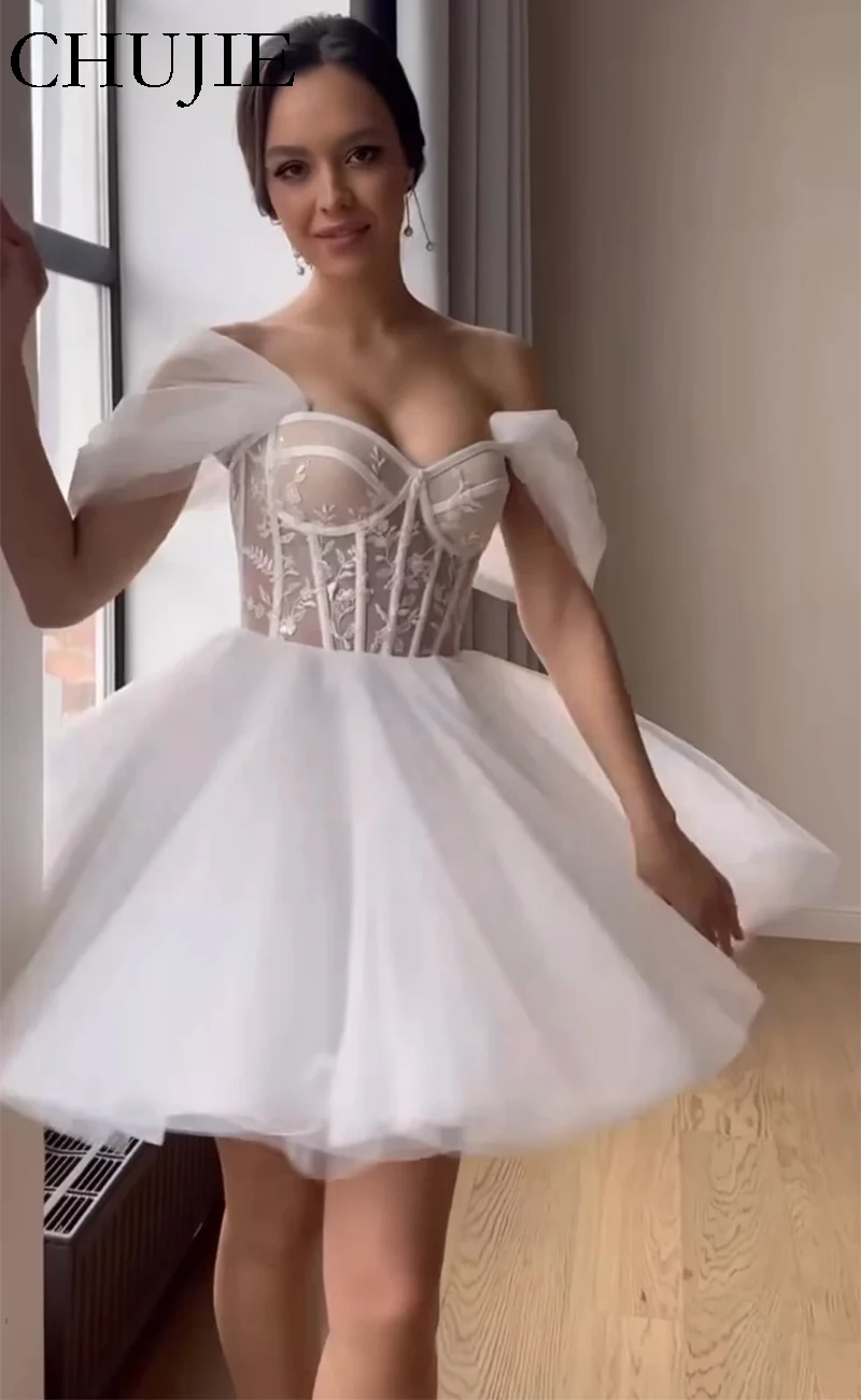 فساتين زفاف بيضاء قصيرة فستان سهرة رداء حفلات خط دانتيل مزين بالدانتيل فيستدوس دي نوفيا فيستدوس دي فييستا زواجبفروك #5