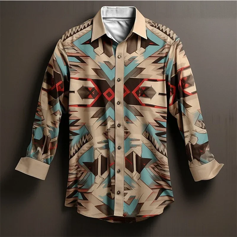 Men's shirts with personalized pattern printed lapel long sleeves large size daily business casual comfortable long sleeves
