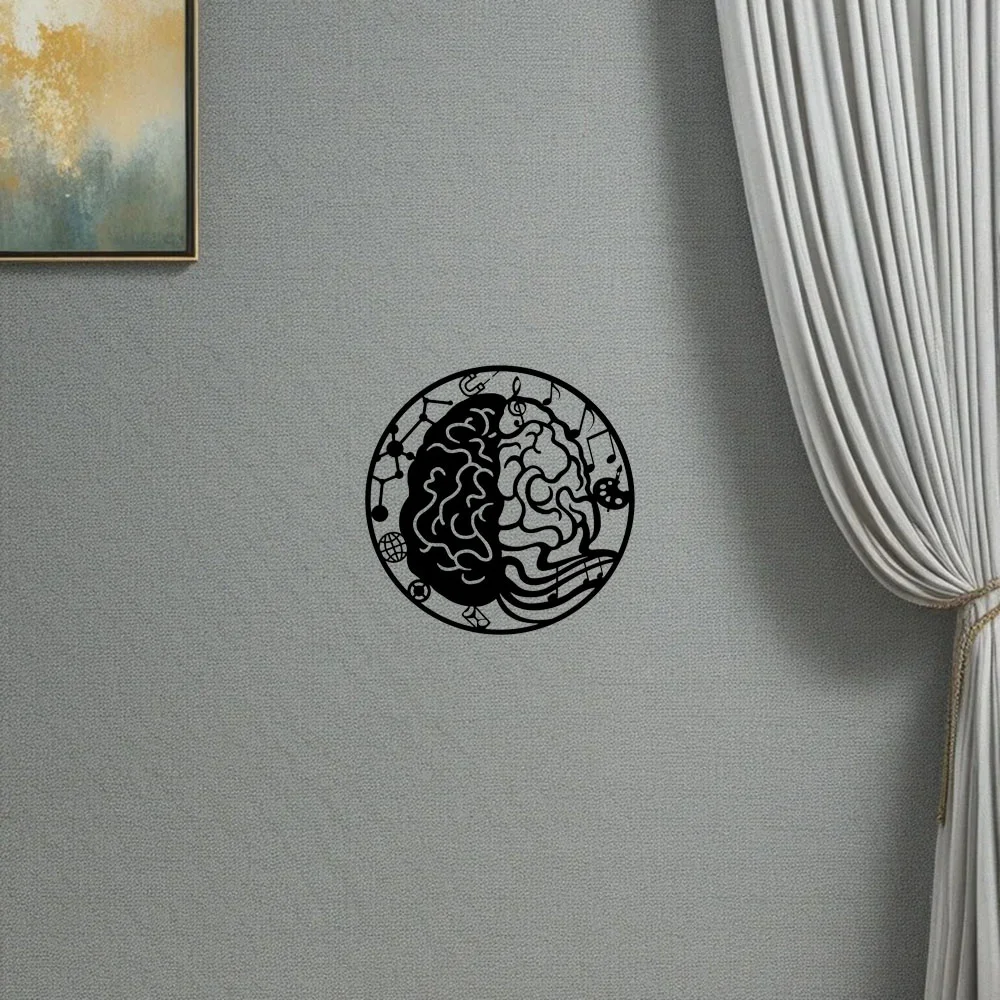 

Inspired By Cognition: Left and Right Brain Metal Wall Art Round 24" Sculpture, Black Iron Modern Home Wall Room Decoration