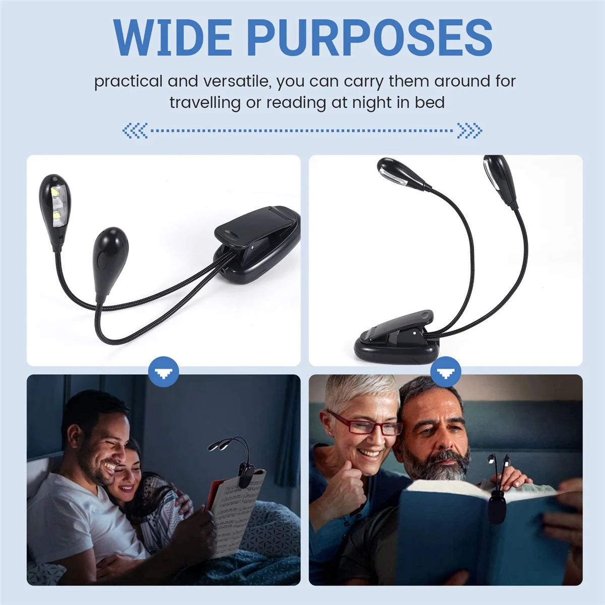 ABLP 2 pezzi leggio clip di luce su luci da libro a LED luci da lettura a doppio braccio per libri nel letto clip regolabile a 360 gradi