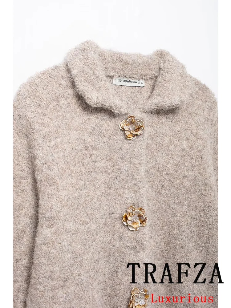 TRAFZA Vintage Casual Chic Women Fur Sweater Flower Button Solid Long Sleeve Knit Cardigans Fashion 2024 Autumn Winter Sweater