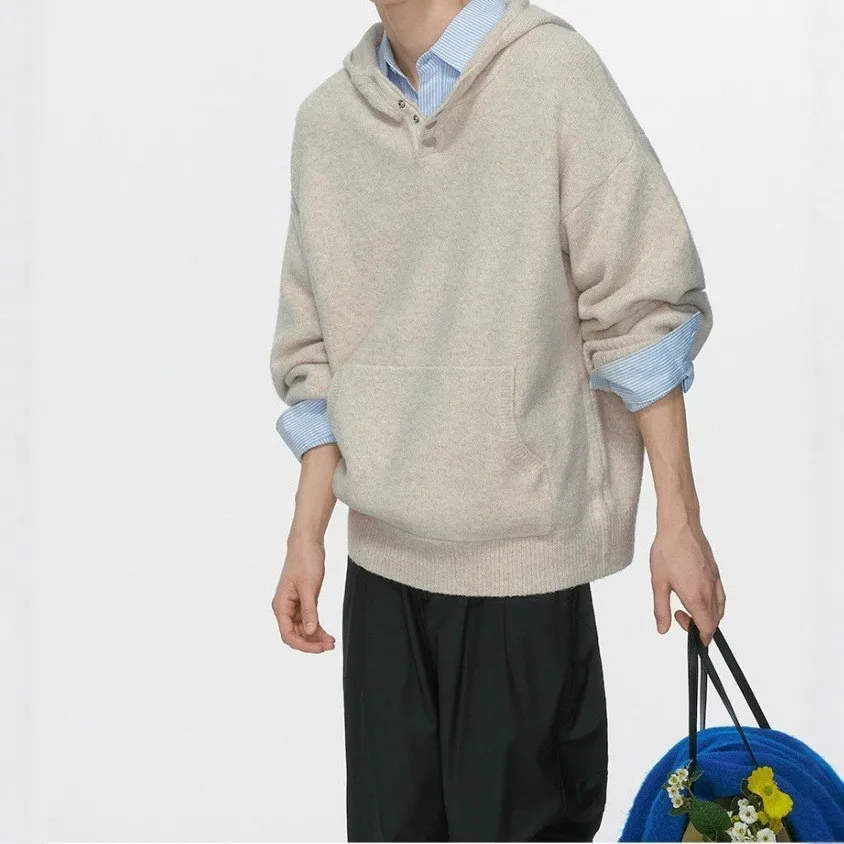 

Retro Korean Sle Loose Fit Button up Hoodie Knitwear ex Autumn Winter Warm Casual Sweater Pure Color Men Women