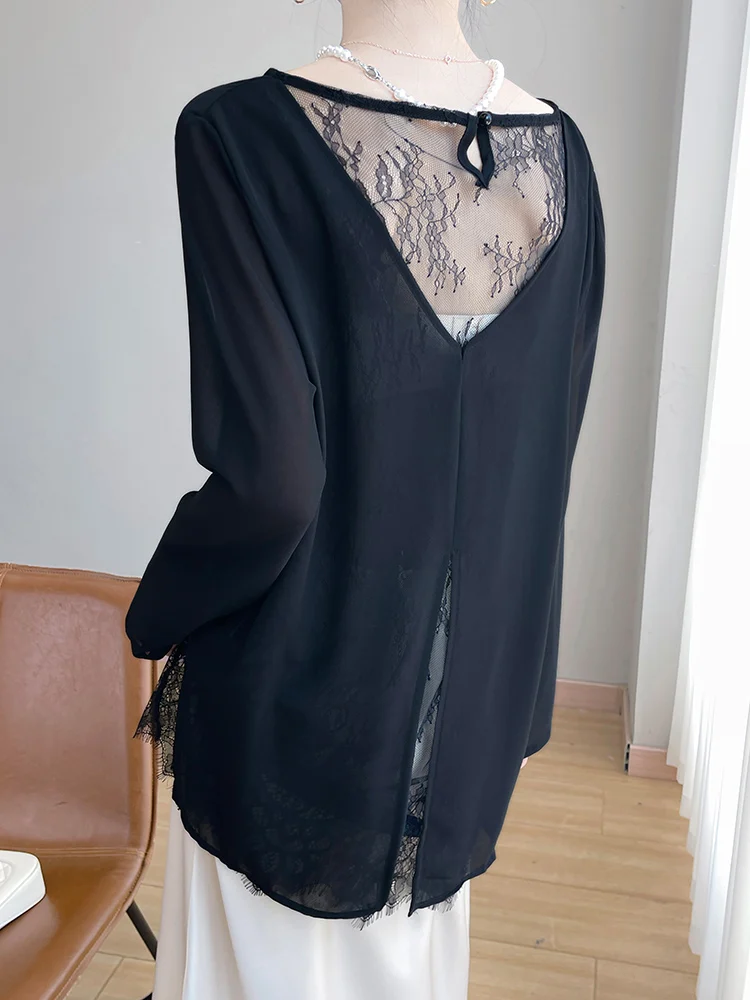 

Chiffon Lace Fake Two-piece Top Summer Women Clothes 2025 New Long Sleeved Temperament Cover Up Shirt Sun Protection Shirt Thin