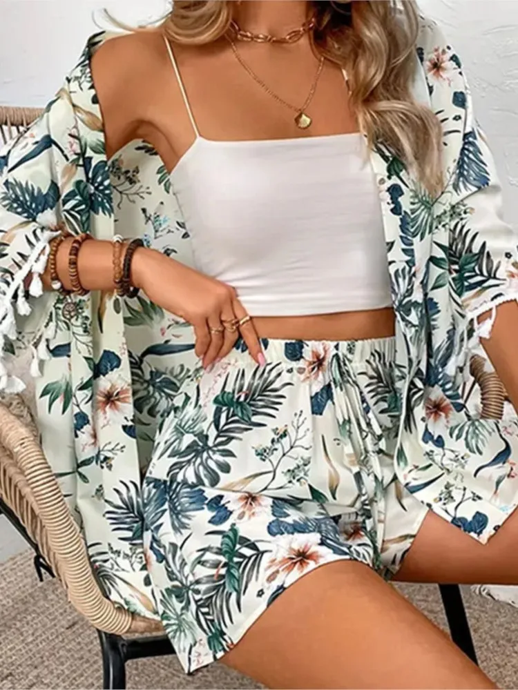 Frauen 2024 Neue Lose Hemd Strand Hosen Set Gedruckt Quaste Kurze Zwei-stück Tops Für Frauen Mode Lässig kordelzug Shorts Set