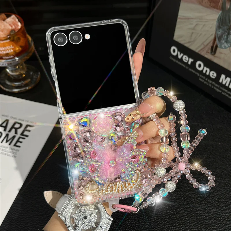 For Samsung Galaxy Z Flip 7 FE 6 5 4 3 Flip7 5G Luxury Crystal Vivid Butterfly Flower Diamond Stone Pearl Wrist Phone Case Cover view 2