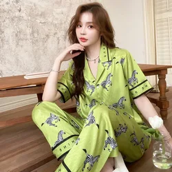 Ice Silk Pajamas, Women's Pajama Short Sleeved Long Pants, Thin Set, High-end Green Herringbone Pattern Zebra Casual Pyjama Stes