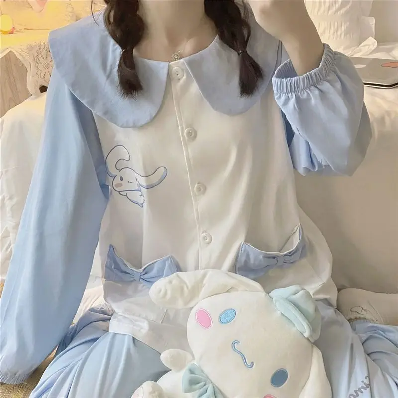 Sanrios Anime Cinnamoroll Pigiama Set Kawaii Ragazze Carino Cardigan giapponese Allentato Manica lunga Vestiti per la casa Primavera Autunno Indumenti da notte