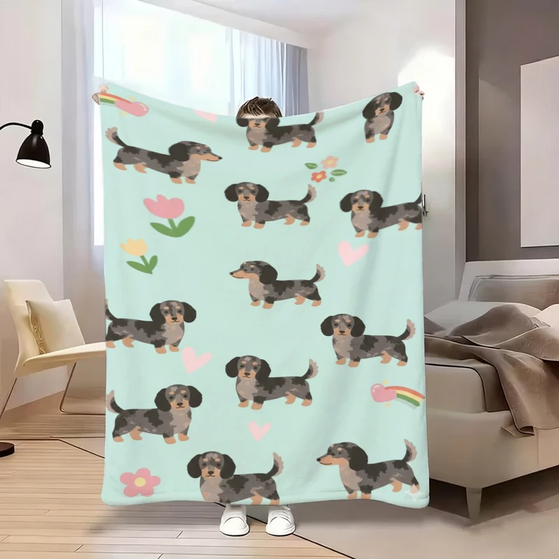 Mint Green Dachshund Group Fleece Blanket For Fresh Bedroom Decor Lightweight Plush Throw Blanket Wrap