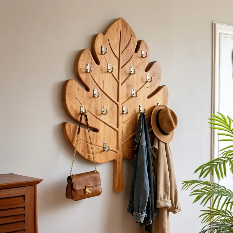 2026 New Leaf Shaped Solid Wood Wall Mounted Hook Nordic Creative Wall Coating Rack Punch Free Storage Hanger