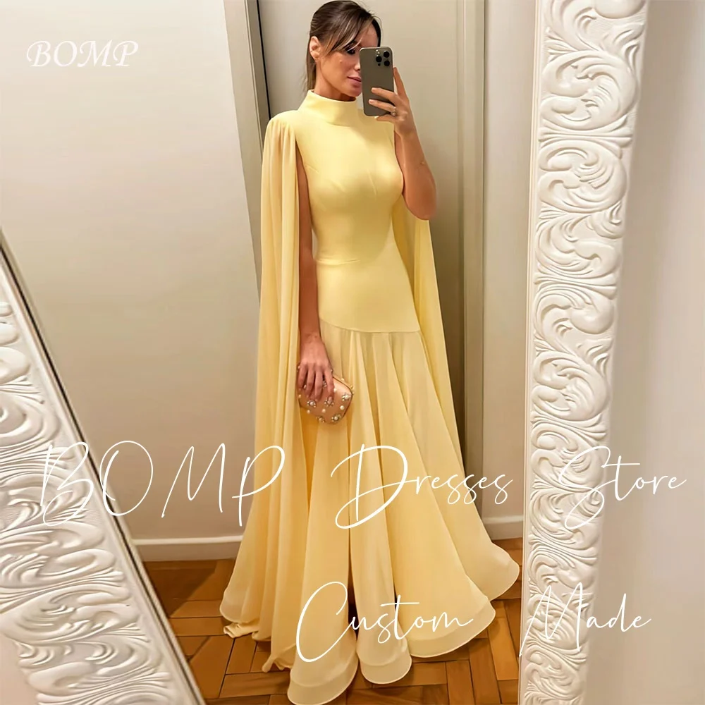 

BOMP Elegant Yellow Evening Dress High Neck Long Jaket A-Line Draped Floor Length Chiffon Special Occasion Party Gown Customized