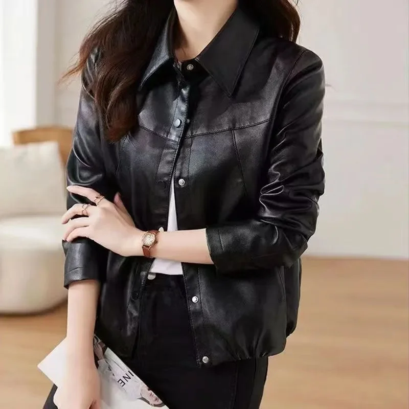 الخريف السيدات طويلة الأكمام سترة جلدية المرأة الكورية عادية بولي معطف معطف جلد أنثى موضة كبيرة الحجم 5XL فو الجلود أبلى