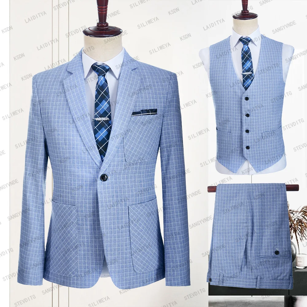 

2023 New Slim Fit Fashion Men Linen Suits Blue White Plaid Formal Business Tuxedo Gentlemen Wedding 3 Pcs Set Jacket Vest Pants