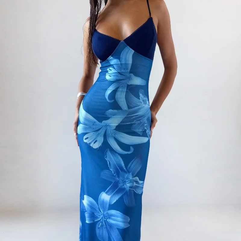 

Spaghetti Strap Printing Women's Evening Dress Backless Sleeveless Bandage Gown Blue Sheath Slim Party Skirt New Design In Stock