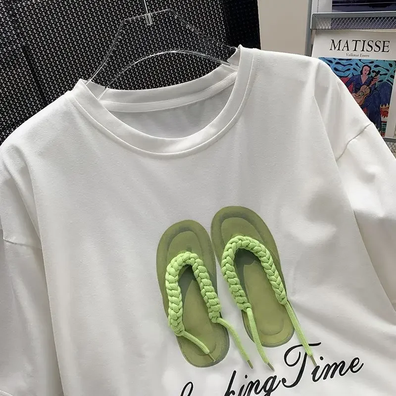 DAYIFUN Cotton Short Sleeve T-shirts Women Shoes Three-dimensional Design Mid-length Tees 2024 Summer New Loose Versatile Tops