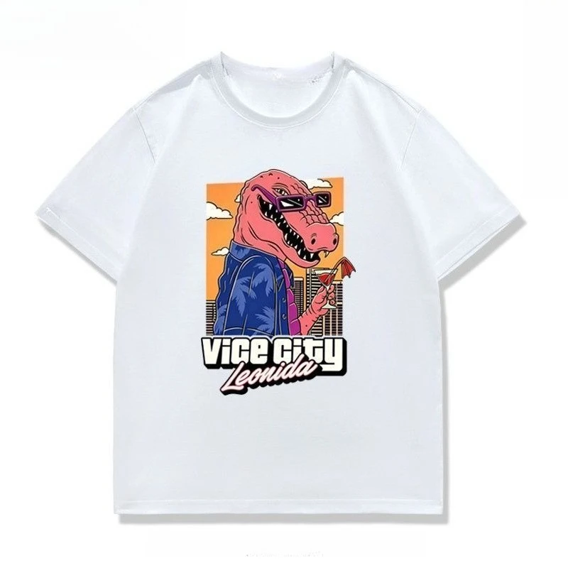 Men Vice City Cool Pink Crocodile Graphic T‑Shirt Retro Cartoon Animal Print Short Sleeve Tee Hip‑Hop Streetwear Casual Tops
