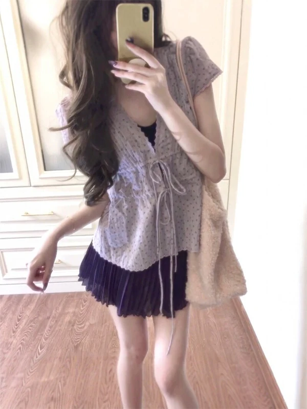 

Korean Style Floral Short Sleeve Shirt Women's Summer V Neck Belted Lace Trim Waist Cinching Slimming Top Trendy Cardigan