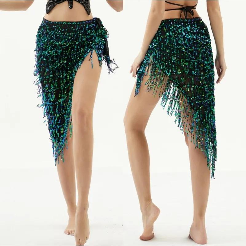 Sexy Belly Dance Outfit with Waist Chain Hip Scarf Wrap Skirt Sequins Fringe Heavy Work Performance Costume