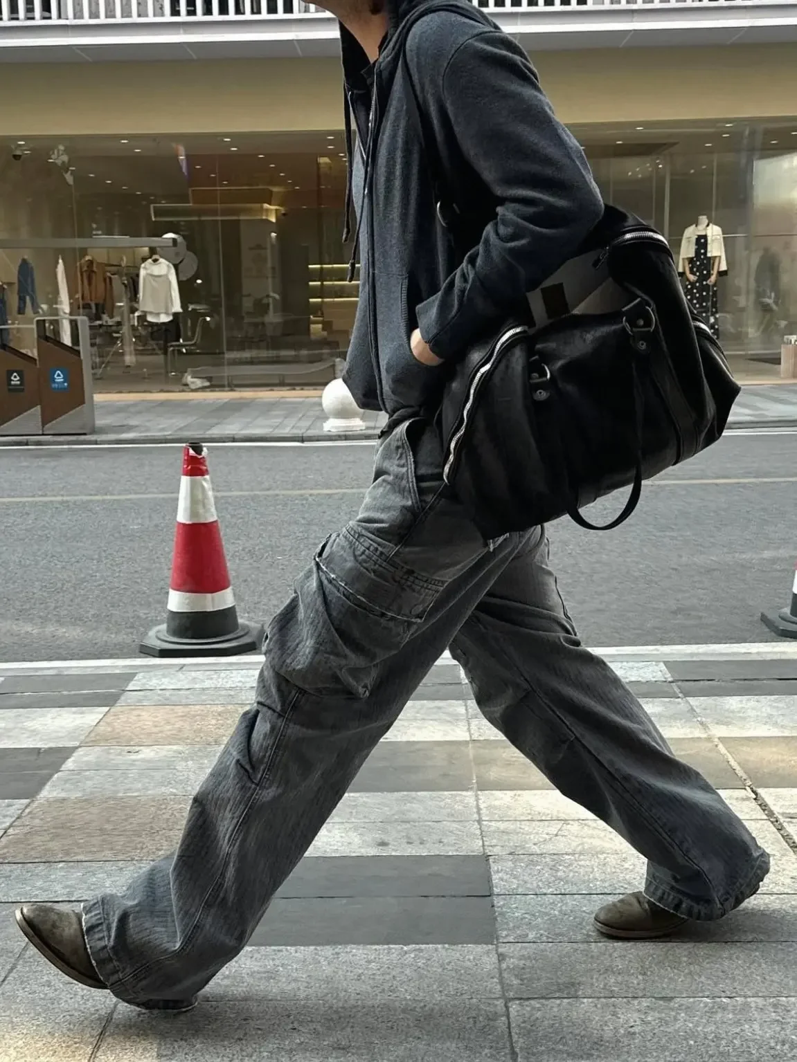 

No faith herringbone twill drawstring grey cargo multi-pocket patch paint straight overalls