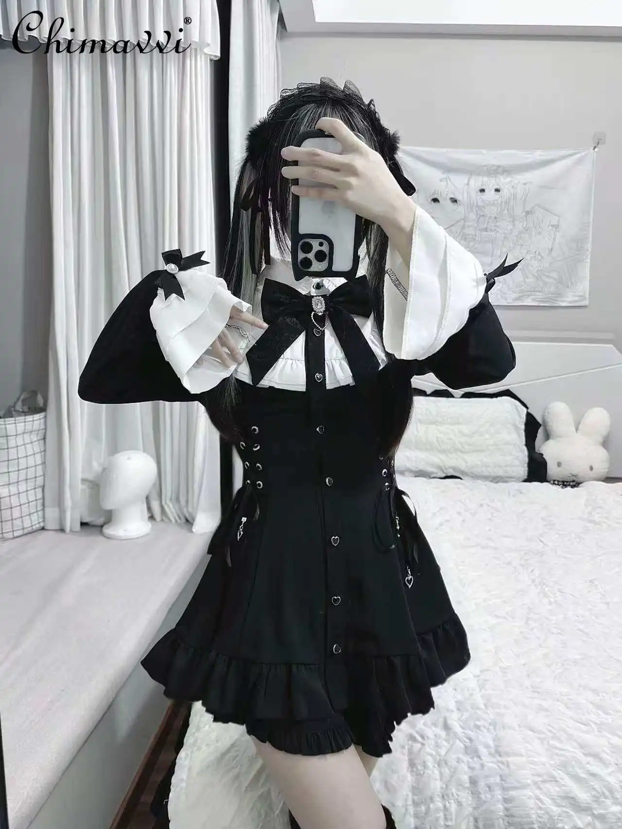 

Japanese Dark Girl Black and White Bow Long Sleeve Dress and Shorts Set Spring New Gothic Style Ruffle Women's Lolita 2Piece Set