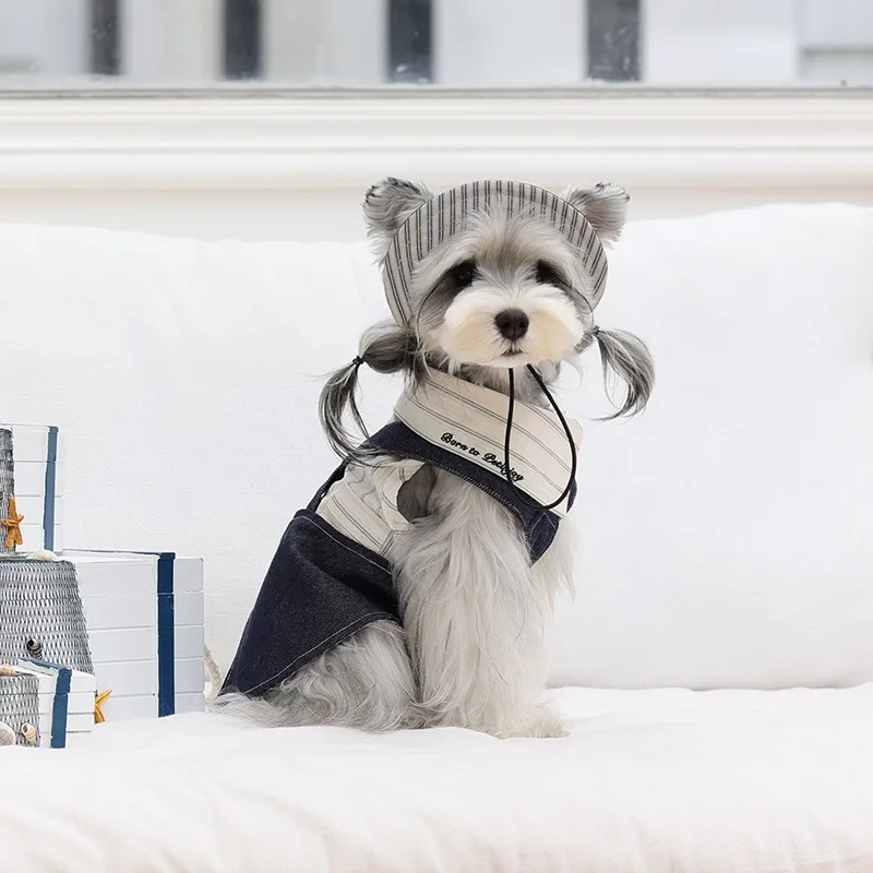 Denim Sailor Dog Dress and Hat Set Pet Suspender Dress Outfit with Cap Summer Cute Clothes for Small Dogs Pet Clothes