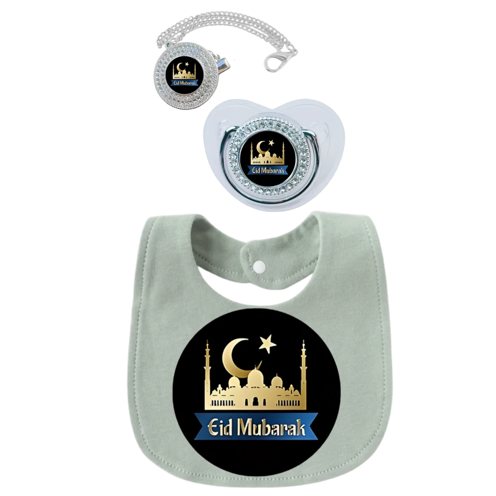 Muslim Print Pacifier Clip Set Newborn Soother with Chain and Toddler Bib 3Pcs Islamic Arabic Pattern Baby Dummy Anti-Drop 0-18M