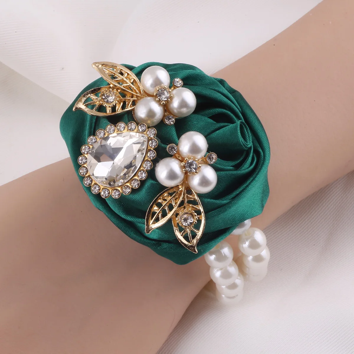 Men's dark green rhinester corsage Girl Pearl Ribbon imitation rose flower wrist flower Party Devil's Eye accessory XH912A