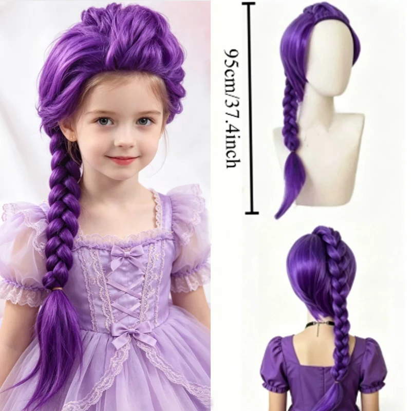 

Factory 37.5inch Children Purple Long Braid Wig with Bangs Wig for Cosplay Party Festival Women's High Quality Synthetic