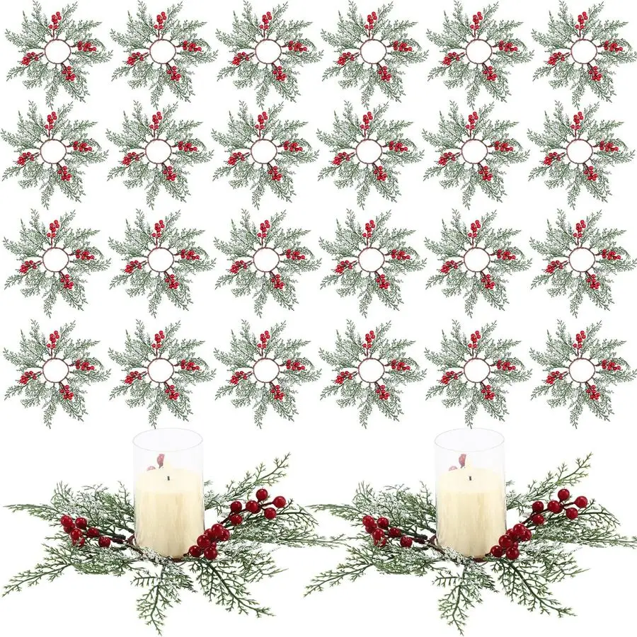 

24 шт. Рождественские кольца-венки для свечей, мини-искусственные гирлянды для кухонных шкафов, с красными ягодами, сосновыми ветками и снежинками, держатели для столбов на Рождество