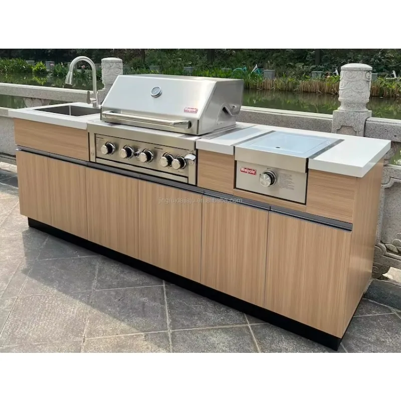 2026 Modern Outdoor Stainless Steel Kitchen Cabinet Electric BBQ Grill Shed 5-Burner Side Burner Pool House Furniture Outdoor