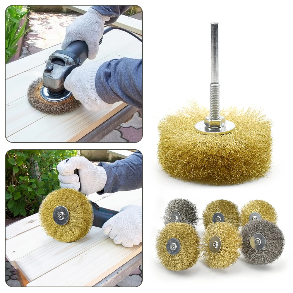 Steel Wire Brush Brass Plated Wheels Brushes with Rod Polish Drill Rotary Tools Metal Rust Removal Polishing Brush Accessories