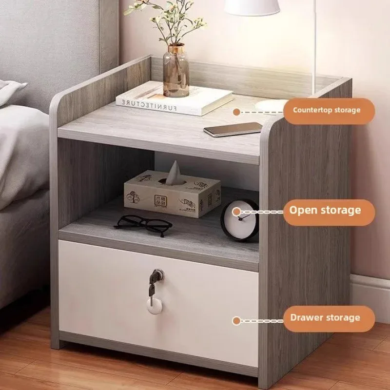 Simple Modern Small Bedside Table with Lock - Home Use Bedside Storage Rack Cabinet for Bedroom & Rental Apartment Organization