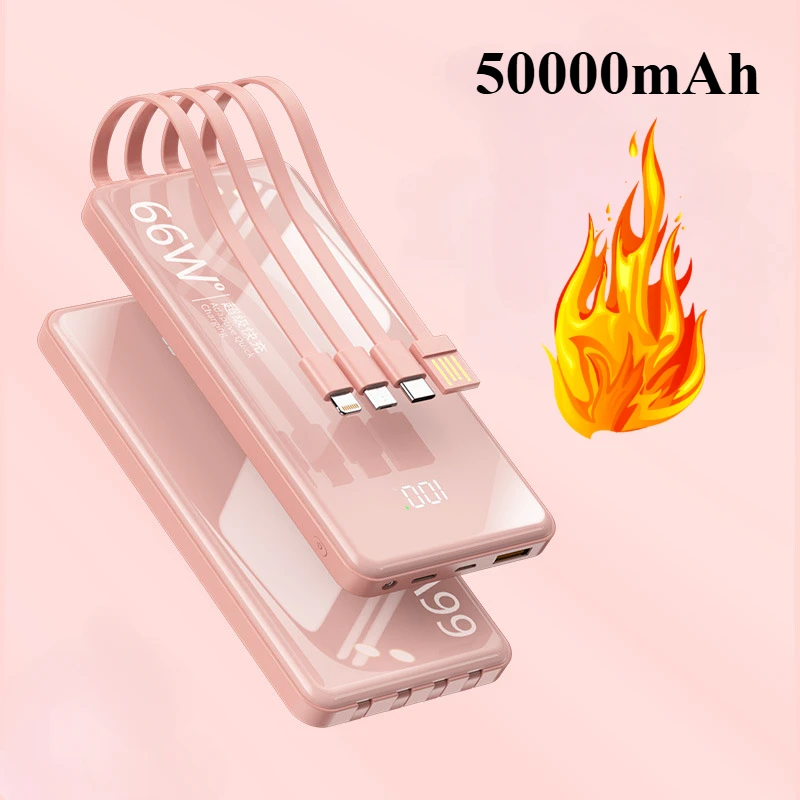 

New 66W Super Fast Charging 50000 MAh Power Bank Portable Built-in Wire External Battery for IPhone Xiaomi Samsung