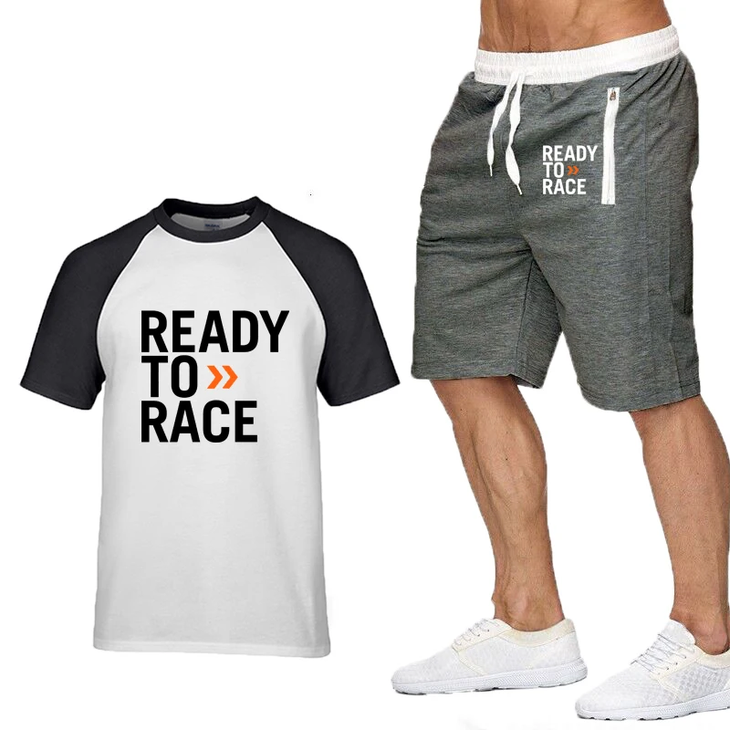 New Summer Men’s T-Shirts Ready To Race Printed Raglan Short Sleeve High Quality Cotton Men's T-shirt+Shorts Suit 2pcs