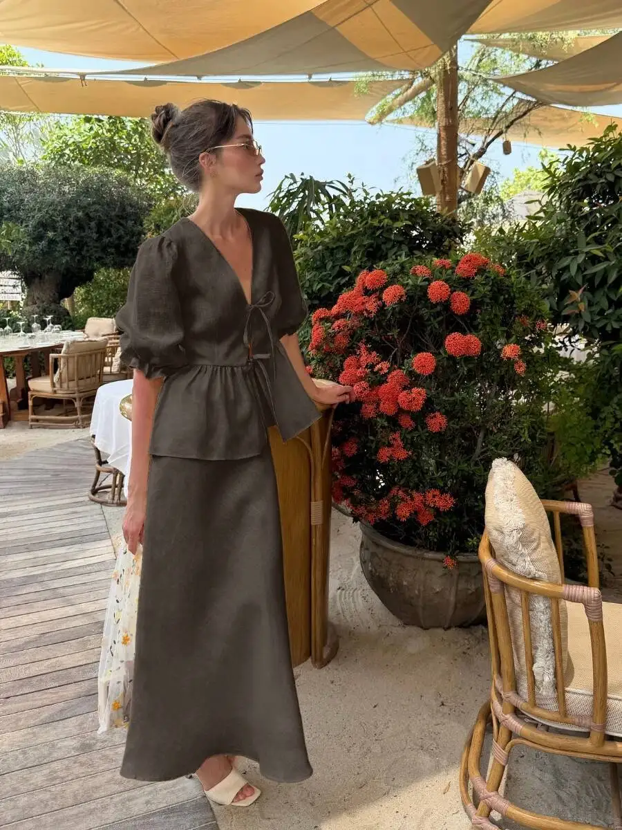 

Bornladies 2025 Summer Women's 100% Cotton V-Neck Lace-Up Bubble Sleeve Shirt Long Skirt Set Loose Casual Two-Piece Suit